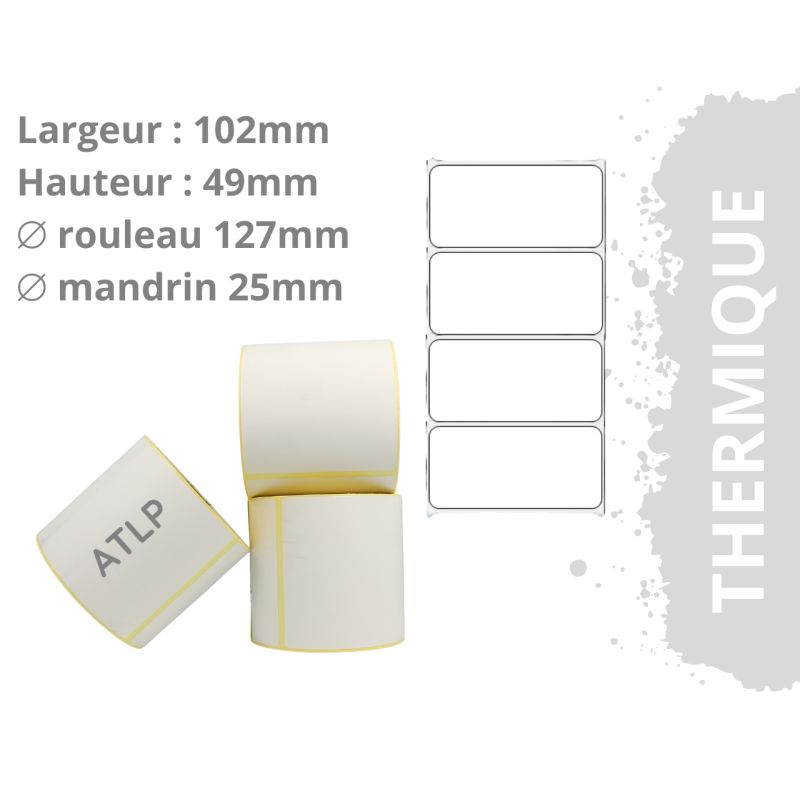 Etiquettes adhésives thermique 102x49mm mandrin 25mm Ø 127mm rouleau de 1520 étiquettes