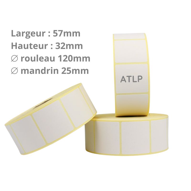 Etiquettes adhésives thermique 57x32mm mandrin 25mm Ø120mm rouleau de 2000 étiquettes